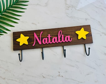 Personalized Kids Wall Hooks: Wooden Nursery Organizer, Solid Wood Coat Hanger, Nursery Children Wardrobe