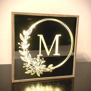 Etch Mirror Monogram Sign LED Mirror Names Initials Sign Framed Shadow Box Engraved Couples Plaque Valentines Wedding Newlyweds Gift