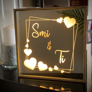 Personalized LED Mirror Monogram Sign - Engraved Couples Plaque - Framed Shadow Box - Valentines Wedding Newlyweds Gift