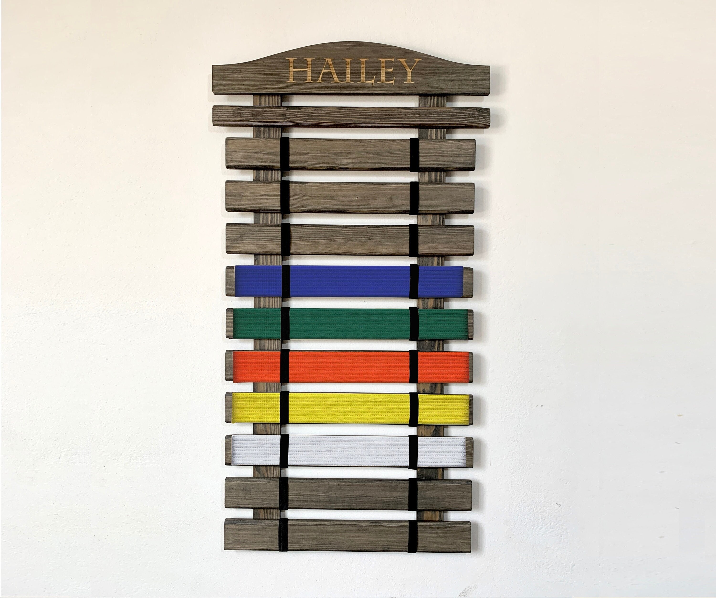 Personalized Martial Arts Belt Display Holser: Solid Wood Karate, Taekwondo, Jiu-Jitsu 5-18 Belts Organizer