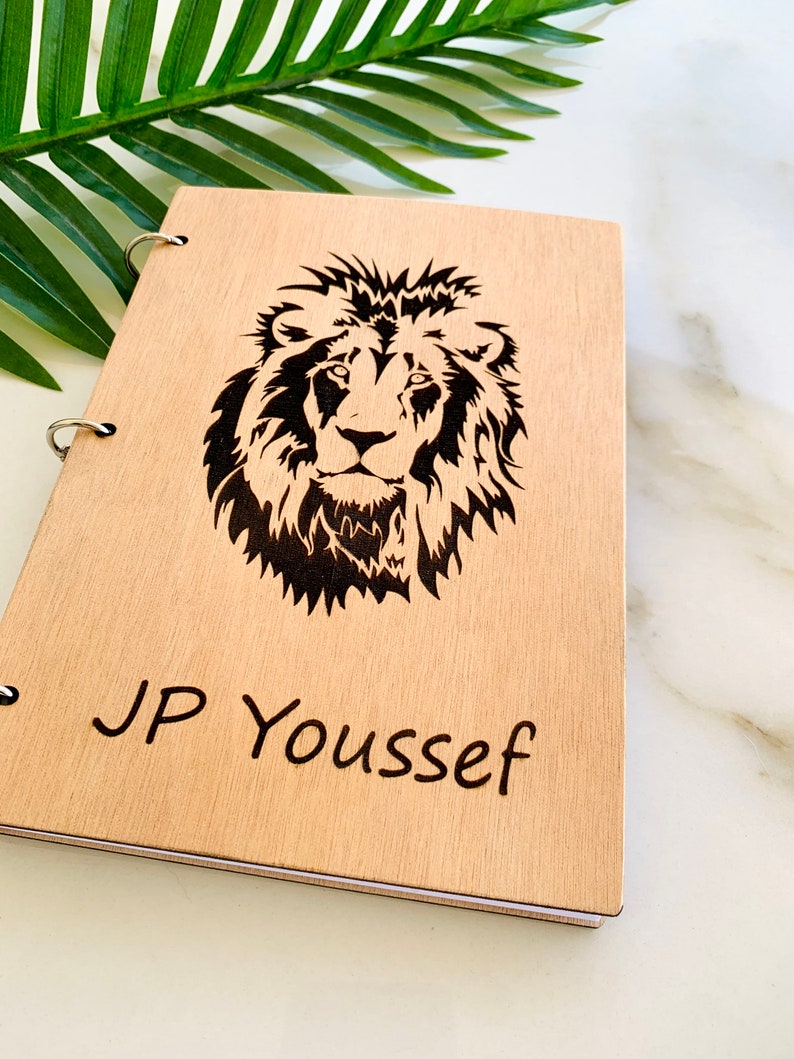 Personalized Lion Notebook: Engraved Wooden Notepad, Custom Sketchbook ...