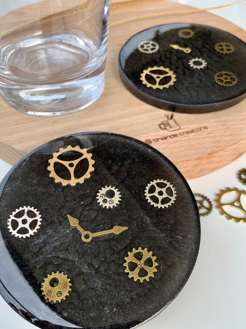 Handmade Resin Coaster for him black with gear elements and silver touches