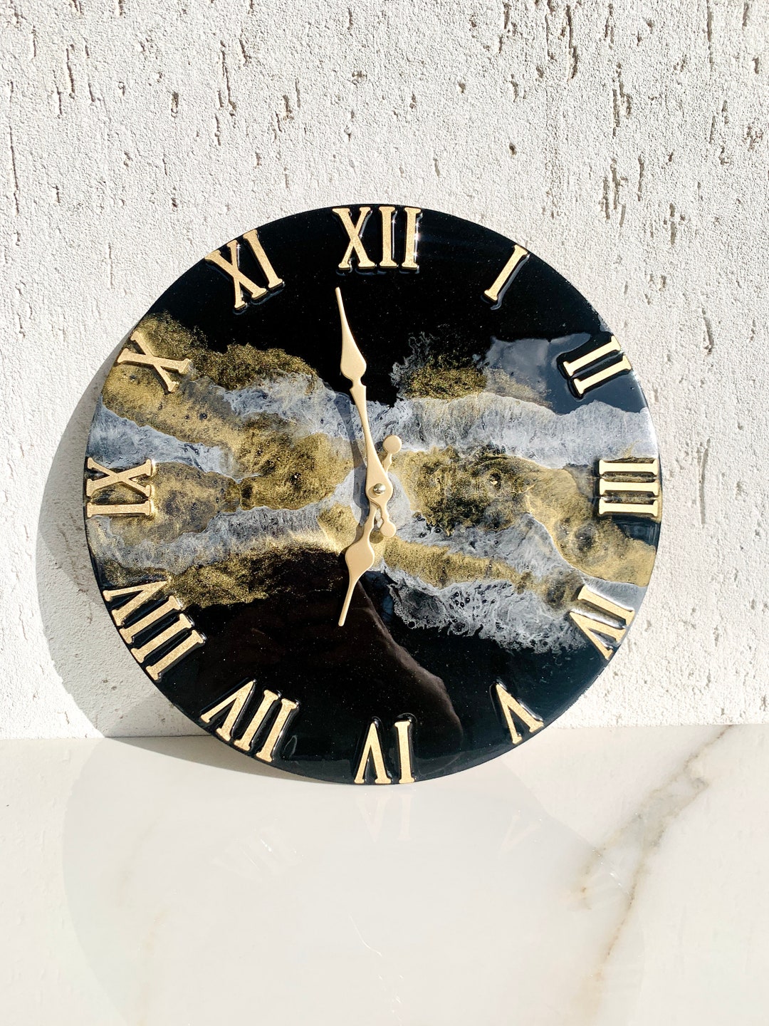 Resin Wall Clock 13.4, Black & Gold, Black Silver Resin Wall Art ...