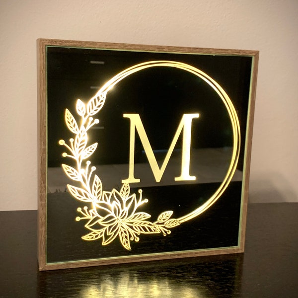 Personalized LED Mirror Monogram Sign - Engraved Couples Plaque - Framed Shadow Box - Valentines Wedding Newlyweds Gift