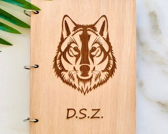 Gravierte Wolf Notizbuch: Personalisiertes Holzbuch, A5/A6/A4 Skizzenbuch