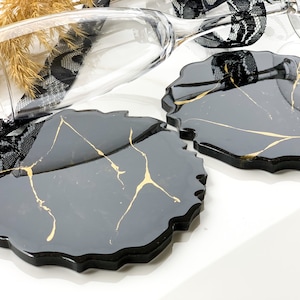 Black & Gold Marble Resin Coasters: Agate Geode Style