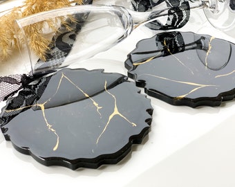 Black & Gold Marble Resin Coasters, Black Gold Agate shape Coasters, Geode Resin Coasters, Drink Coasters Set. Housewarming gift for Couples