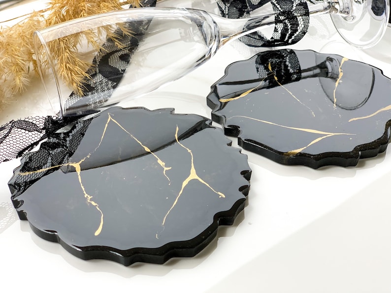 Black & Gold Marble Resin Coasters Black Gold Agate Shape Etsy