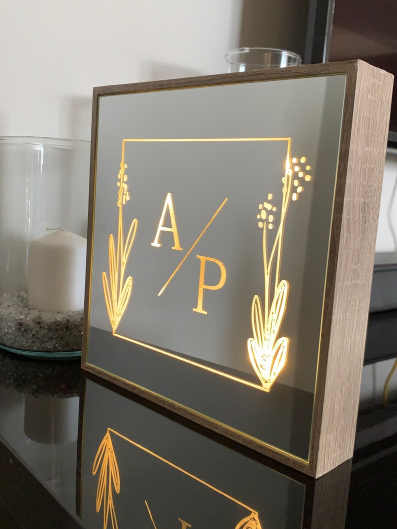 Personalized Mirror Sign Frame with LED Lights Engraved Couples Names Initial Monogram Mirror Plaque Valentine's Day Wedding Newlyweds Gift