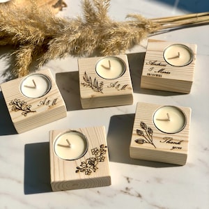 Cadeaux personnalisés pour bougies : bois gravé, décoration de mariage et de douche