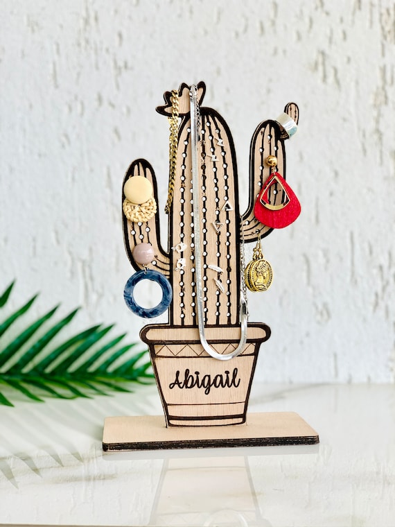 Cactus Jewelry Holder Stand Personalized Wooden Jewelry Stand Organizer,  Earrings Organizer, Bracelet Stand, Nightstand Jewelry Display 