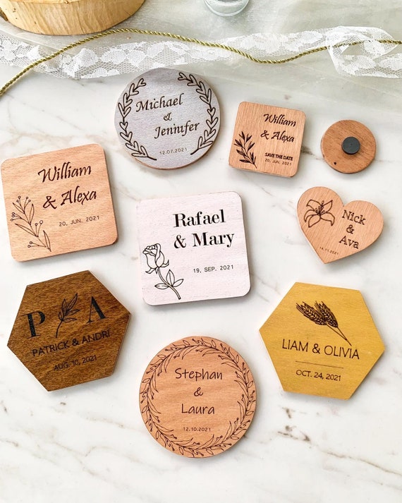 Personalized Wood Wedding Coasters, Magnets, Wedding Tags: Engraved Rustic Favors