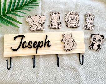 Safari Animal Kids Wall Hooks Personalized Wooden Nursery Hanger, Elephant, Lion, Giraffe, Zebra Fox Panda, Children Coat Hanger, Hooks Rack