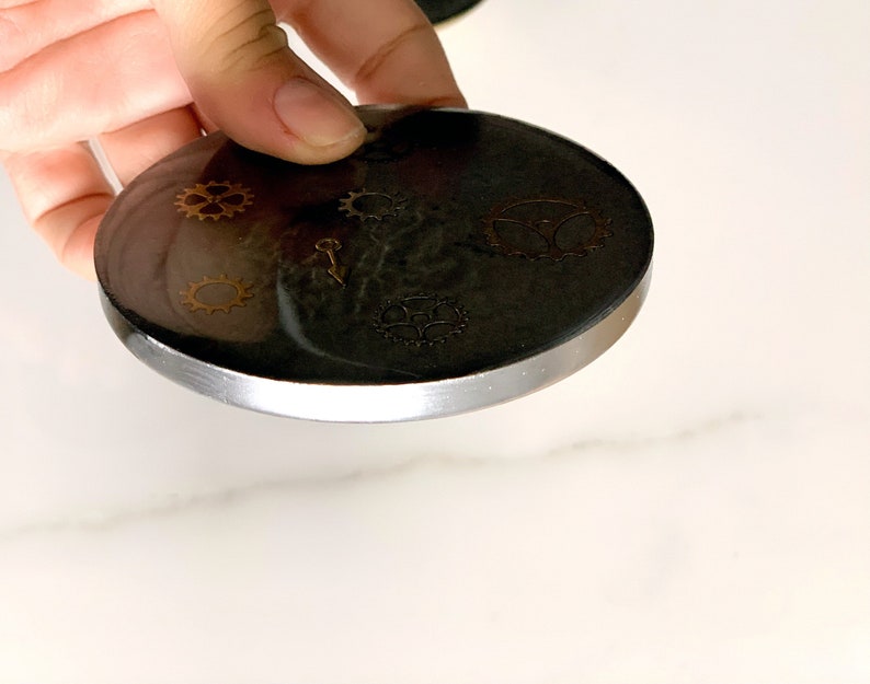 Handmade Resin Coaster for him black with gear elements and silver touches