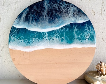 Ocean Resin Cutting Board Personalized, Resin Ocean Wall Art, Round Wood Chopping Board Engraved, Ocean Resin cheese board, Ocean waves