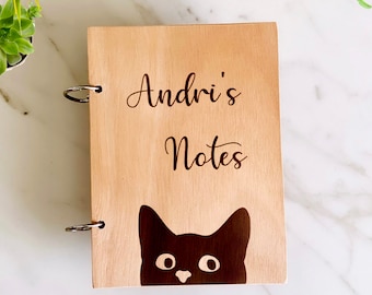 Cat Wood Notebook Personalized, Cat Theme Gift for Women, A5/A6/A4 Journal, Personal Study Notebook Custom Name & Message Wood Cover Journal