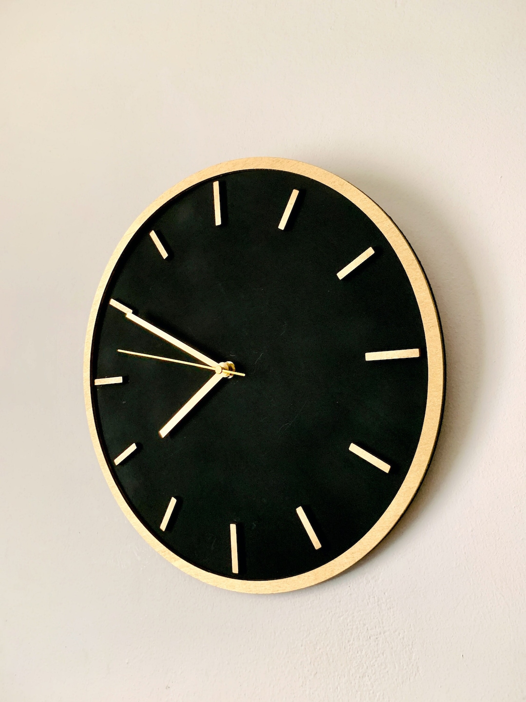 Black & Gold Wall Clock, Round Wooden Wall Hanging Clock, Black Silver ...