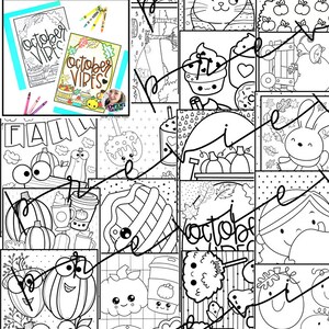 May include: A black and white coloring book titled "FALL FUN" with "October Vibes" on the cover. The book features various fall-themed illustrations, including pumpkins, cupcakes, and a bear in a scarf. Crayons are also visible.