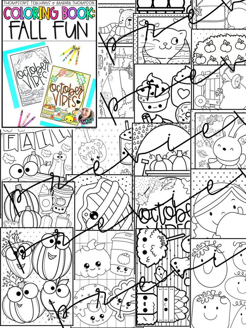 May include: A black and white coloring book titled "FALL FUN" with "October Vibes" on the cover. The book features various fall-themed illustrations, including pumpkins, cupcakes, and a bear in a scarf. Crayons are also visible.