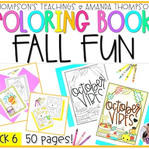May include: A colorful coloring book titled "Coloring Book: Fall Fun" by Amanda Thompson. The cover features the text "October Vibes" and illustrations of fall-themed images. The pack includes 6 books with 50 pages.