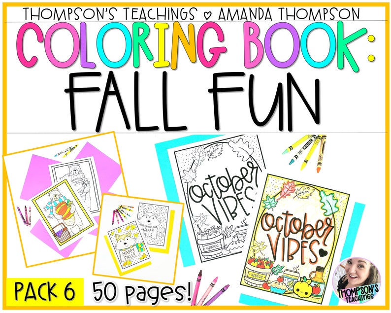 May include: A colorful coloring book titled "Coloring Book: Fall Fun" by Amanda Thompson. The cover features the text "October Vibes" and illustrations of fall-themed images. The pack includes 6 books with 50 pages.