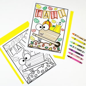 May include: Two coloring pages with the word "FALL" and a cartoon wheelbarrow filled with pumpkins and gourds. The pages are outlined in black and white, with a yellow border. Several crayons are next to the pages.
