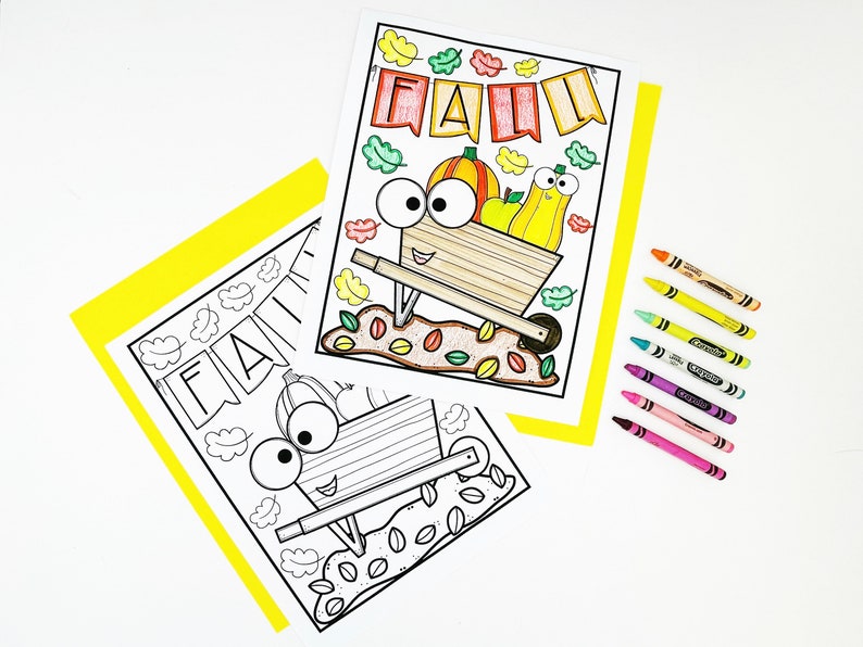 May include: Two coloring pages with the word "FALL" and a cartoon wheelbarrow filled with pumpkins and gourds. The pages are outlined in black and white, with a yellow border. Several crayons are next to the pages.