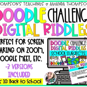 Puede incluir: Un desafío de garabatos digital colorido para las asignaturas escolares. La imagen muestra una pantalla de computadora con un desafío de garabatos para las asignaturas escolares. El desafío incluye acertijos sobre diferentes asignaturas escolares, como música, geografía y matemáticas. La imagen también incluye un cuadro de texto con instrucciones para el desafío. El cuadro de texto dice "Digital Riddles Gives: I can make for left and right hands. I help with projects and crafts. I transform with half and half. You open and shut me many times to make the world. Doodle Me!"