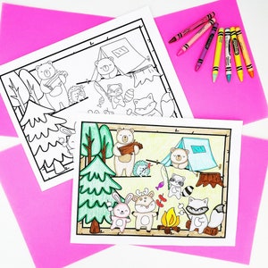 May include: Two coloring pages featuring a camping theme with cartoon animals, one colored and one uncolored. The colored page shows a bear, rabbit, deer, raccoon, and fox around a campfire. Crayons in various colors are arranged on a pink background.