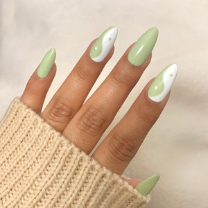 Almond Press on Nails | Green and White Yin and Yang Press on Nails | Glue on Nails | Handmade Press ons