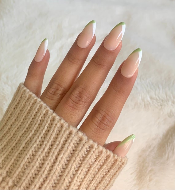 V French Tip Press on Nails Almond Press on Nails Trendy - Etsy