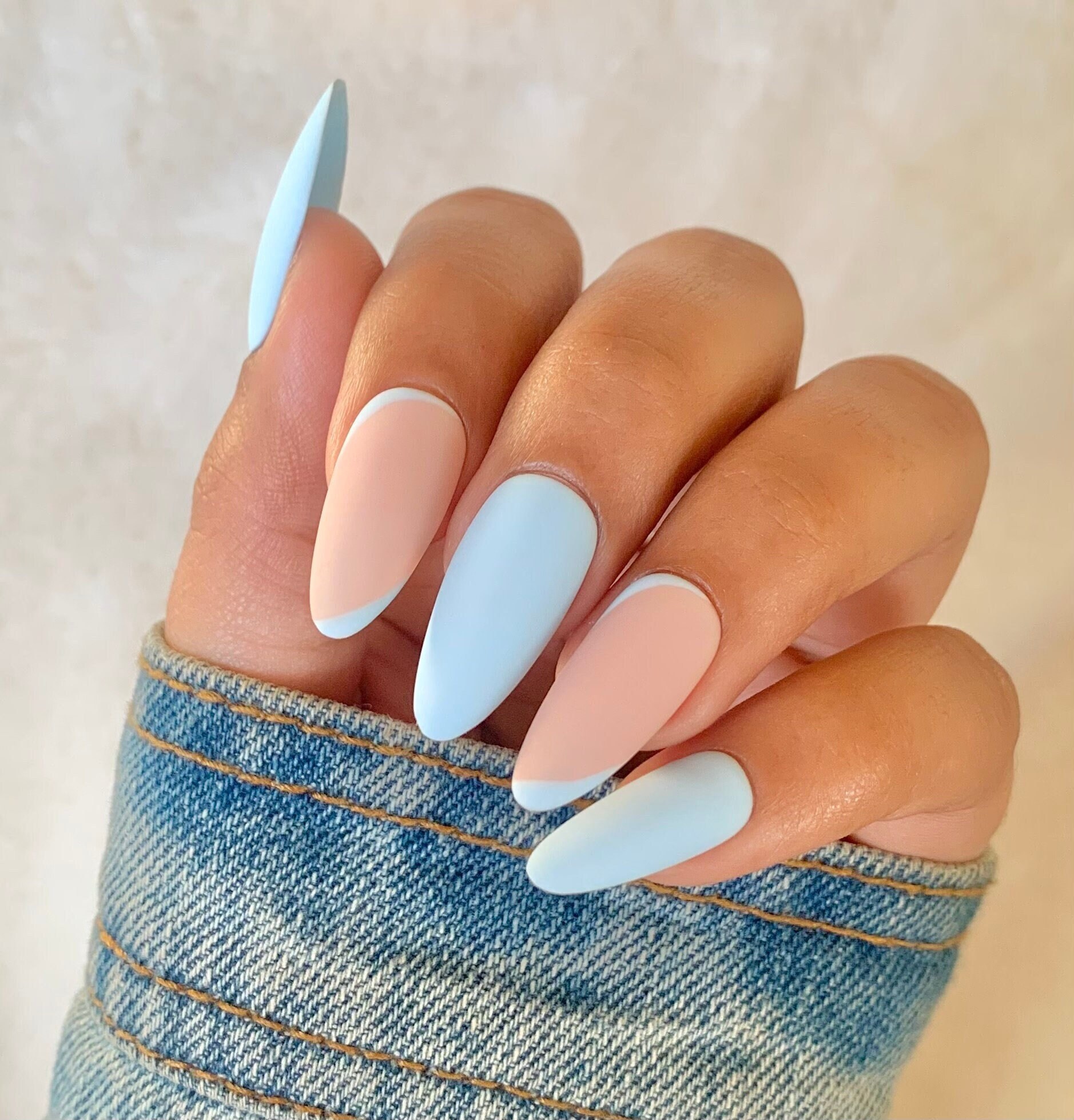 Light Blue Press on Nails Almond Press on Nails Glue on - Etsy UK