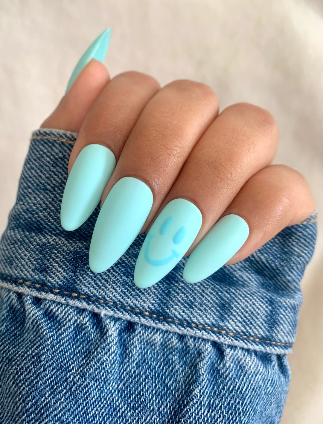 Pastel Blue Smiley Face Press on Nails Almond Press on Nails - Etsy