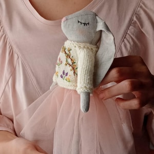 Easter Linen Bunny Doll ,  Handmade Gift , Embroidered Floral Sweater , Pink Tulle Skirt , Stuffed Animal Doll , Heirloom Handmade Doll