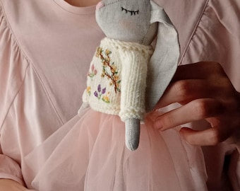 Handmade Linen Bunny Doll, Embroidered Sweater, Pink Tulle Skirt, Easter Gifts for Kids