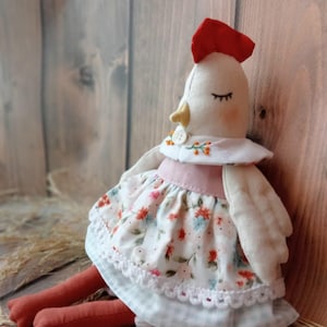 Easter Chicken Doll with clothes , Handmade Gift , Floral Dress , 25 cm. tall  ,  Farmhouse Country Decor