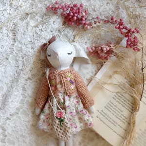 Handmade Linen Bunny Doll – Heirloom Rabbit Toy, Floral Dress & Knit Cardigan, Lace Bag