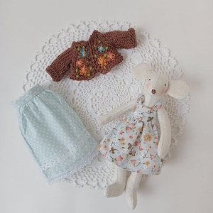 Little Mouse Doll 15.5 cm.tall, Handmade Gift , Dollhouse , Miniature Mouse , Brown Embroidery Coat,Blue Floral Dress and blue nightgown