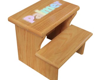2 Step Oak Personalized Puzzle Name Stool Primary or Pastel Colors