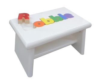 White Puzzle Name Stool Personalized with Primary, Blues or Confident Colors Custom Colors Available