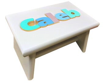 White Puzzle Name Stool Personalized with Coastal Letter Colors