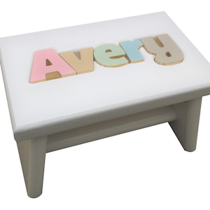 White Puzzle Name Stool Personalized with Earth Tones