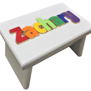 White Puzzle Name Stool Personalized with Primary/Pastel Colors or Custom Colors