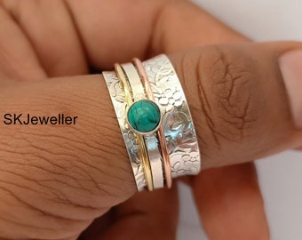 Green Turquoise Spinner Ring~Spinning~Spin~Meditation~Yoga~Anxiety~Anti Stress~Large Band~Sterling Silver 925~Mix Metals~Copper~Bronze~MS002