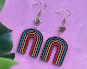 Wooden rainbow coloured arch earrings with gold sun charm