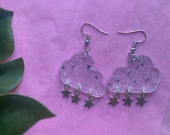 Acrylic silver sparkly cloud earrings with dangly star charms