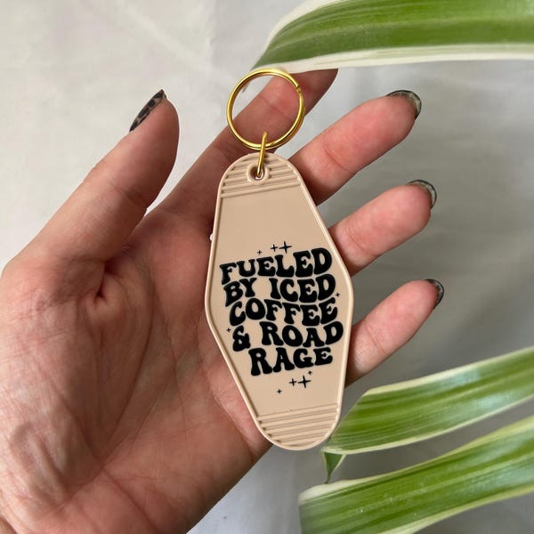 Motel style gold plated keyring with ‘fueled by iced coffee and road rage’ decal | available in various different coloured keyrings