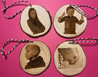 Engraved wooden slice bauble personalised with image