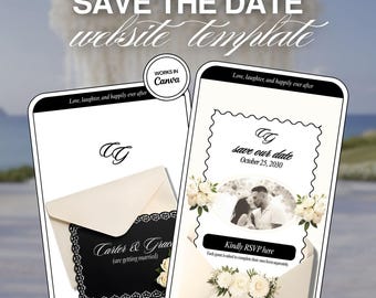 Floral Save the Date Wedding Website: Black Canva Digital Invitation (Digital Download)