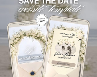 Modello per sito web di matrimonio in riva al mare: 3 pagine modificabili con Canva per annunciare la data del matrimonio (RSVP).